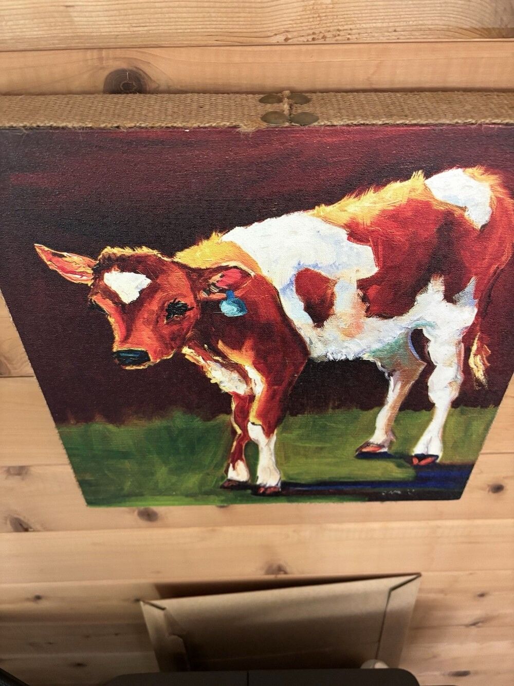 Signed Diane Whiiehead Cow Calf Oil Print Burlap & Stud Framing Western Artwork - Picture 3 of 4